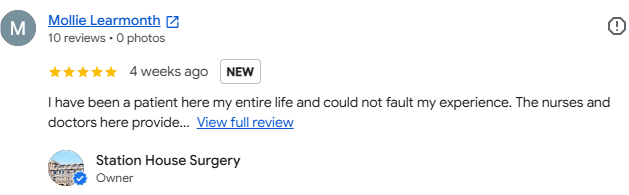 Google review. Mollie Learmonth. 5 stars. 'I have been a patient here my entire life and could not fault my experience. The nurses and doctors here provide.. view full review'